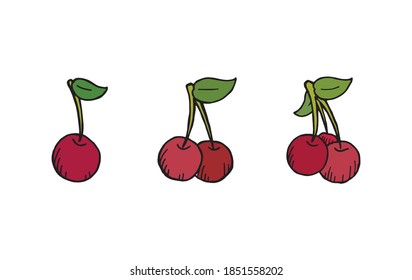 Cherry set of three red, sweet and tasty fruit, simple hand drawn symbolic illustration. Delicious jam fruit, colored drawing. Healthy food from nature with leaves, good for making juice, vector image