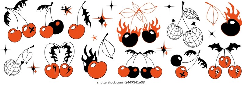 Cherry set y2k 90s style. Cherry with burn fire flame, Disco mirror ball icon for card, sticker, print design. Tattoo 2000s style. Black and red vector illustration