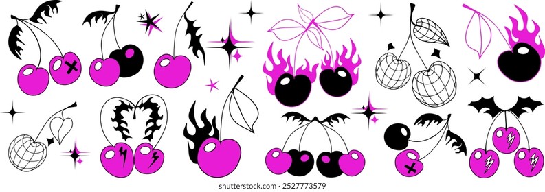 Cherry define o estilo dos anos 90 do ano 2000. Cherrys com fogo queimado chama, Disco espelho ícone bola para cartão, adesivo, projeto de impressão. Tatuagem estilo 2000s. Ilustração vetorial em preto e rosa.