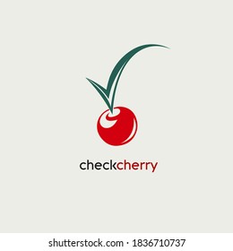 Forma de cerezo y marca de verificación logotipo.Ilustración colorida.Fruto rojo brillante aislado en el fondo de la luz.Diversión, estilo lúdico.