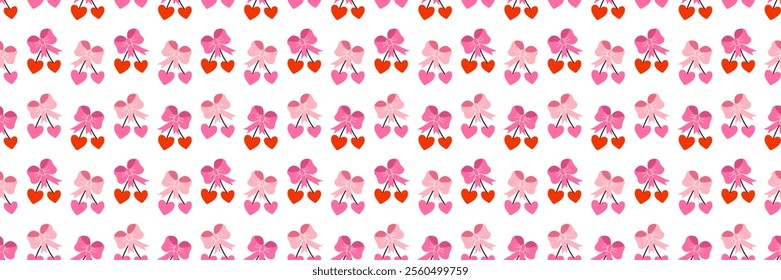 Cherry shape of heart with bow, seamless pattern illustration. Cute romantic love background, print. Valentines day holiday, wedding design