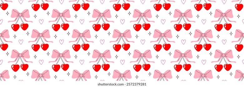 Cherry shape of heart with bow, seamless pattern illustration. Cute romantic love background, print. Valentines day holiday