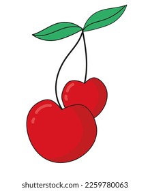 Cerezo en forma de corazón en una rama con hojas. Vector de ilustración de dos cerezas. Icono de pegatina de fruta.