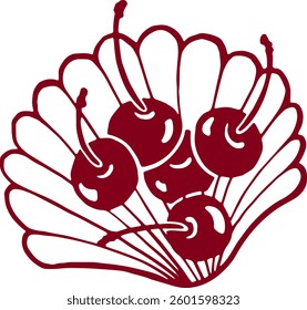 Cherry in a shell. Rococo coquette illustration.
