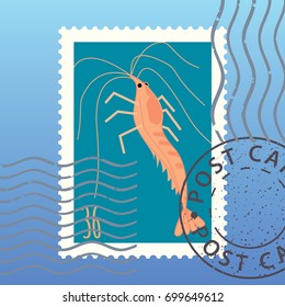 Cherry Shrimp on sea background. Vector illustration. Postage Stamp. Mark. Postcard.