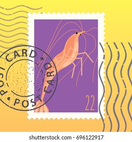 Cherry Shrimp. Vector illustration. Postage Stamp. Mark. Postcard.