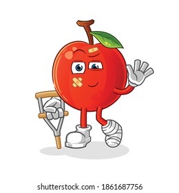 Cherry sick with limping stick character. cartoon mascot vector