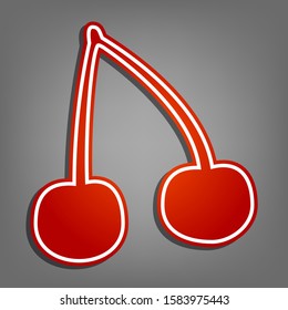 Cherry sign illustration. Flat red icon with linear white icon with gray shadow at grayish background. Illustration.