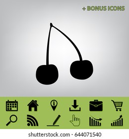 Cherry sign illustration. Vector. Black icon at gray background with bonus icons at celery ones