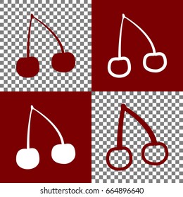 Cherry sign illustration. Vector. Bordo and white icons and line icons on chess board with transparent background.