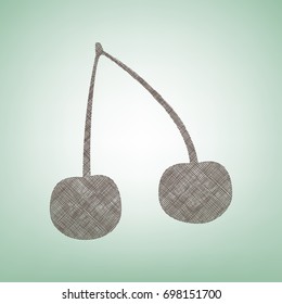 Cherry sign illustration. Vector. Brown flax icon on green background with light spot at the center.