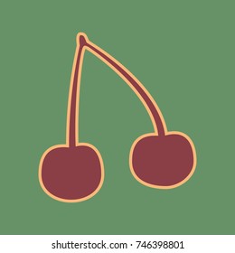 Cherry sign illustration. Vector. Cordovan icon and mellow apricot halo with light khaki filled space at russian green background.