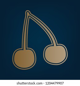 Cherry sign illustration. Vector. Golden icon and border at dark cyan background.