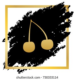 Cherry sign illustration. Vector. Golden icon at black spot inside golden frame on white background.
