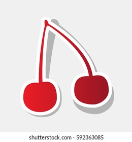 Cherry sign illustration. Vector. New year reddish icon with outside stroke and gray shadow on light gray background.