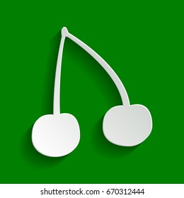 Cherry sign illustration. Vector. Paper whitish icon with soft shadow on green background.