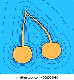 Cherry sign illustration. Vector. Sand color icon with black contour and equidistant blue contours like field at sky blue background. Like waves on map - island in ocean or sea.