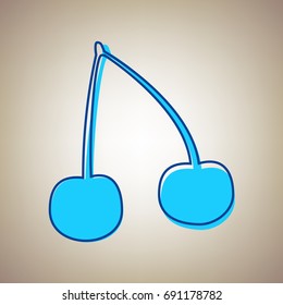 Cherry sign illustration. Vector. Sky blue icon with defected blue contour on beige background.