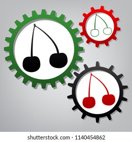 Cherry sign illustration. Vector. Three connected gears with icons at grayish background.