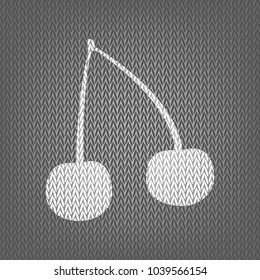 Cherry sign illustration. Vector. White knitted icon on gray knitted background. Isolated.