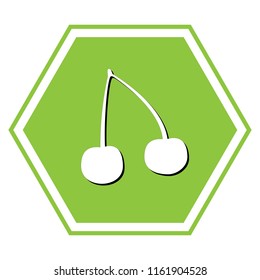 Cherry sign illustration. Vector. White icon with black shadow at yellow green honeycomb on white background.