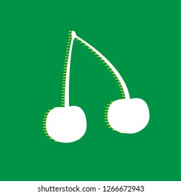 Cherry sign illustration. Vector. White flat icon with yellow striped shadow at green background.