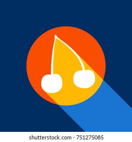 Cherry sign illustration. Vector. White icon on tangelo circle with infinite shadow of light at cool black background. Selective yellow and bright navy blue are produced.