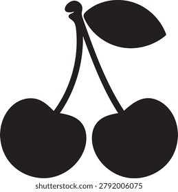 Cherry silhouette black vector icon set featuring simple twin fruit shapes, elegant joined stems, and minimalist organic profiles.