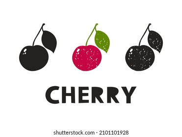 Cherry, silhouette icons set with lettering. Imitation of stamp, print with scuffs. Simple black shape and color vector illustration. Hand drawn isolated elements on white background