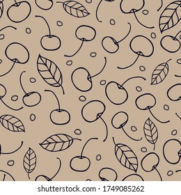 Cherry simple contour vector seamless pattern for decoration, wrapping paper, textile.
