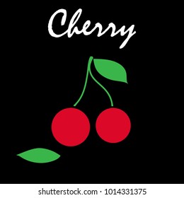 Cherry simple icon with leaves vector illustration on black background