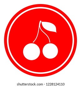 Cherry simple icon with leaves vector illustration on red background. Eps10