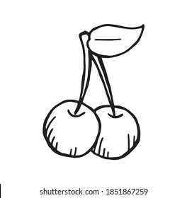 Cherry simple sweet and tasty fruit, hand drawn outline symbolic illustration. Delicious organic jam fruit, linear drawing. Healthy food from nature with leaves, good for making juice, vector image.