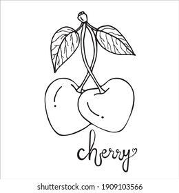 Cherry sketch. Lettering of the word cherry. Beautiful cartoon black and white outline. Hand drawn fruit illustration for greeting cards, posters, recipe, culinary design.Isolated on white background.