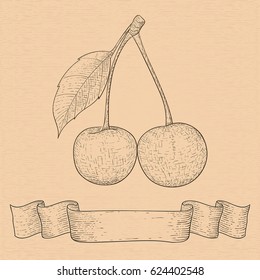 Cherry sketch on beige background. With ribbon banner. Vector illustration