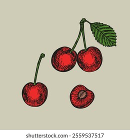 Cherry sketch outline illustration in color. Simple doodle drawing in engraving style. Hand drawn vector line art clipart