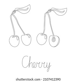 Cherry and sliced piece cherry drawn by one line. Food sketch. Continuous line drawing sweet fruit. For coloring book, learning card. Simple vector illustration.