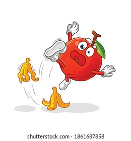 Cherry slipped on banana character. cartoon mascot vector