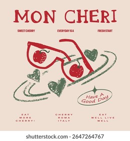 Cherry slogan typography text, Organic food artwork for a t-shirt. Lettering cherry retro Fruit vintage t-shirt design. Cherry time.  Summer print. Sweet and juicy artwork, Organic food artwork