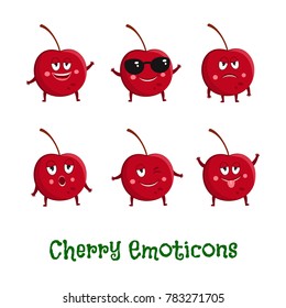 Cherry smiles. Cute cartoon emoticons. Emoji icons