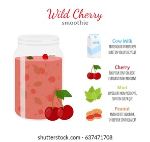 Cherry smoothie, organic recipe, fresh ingredients - mint, berries, milk, nuts. Made in cartoon flat style.