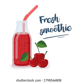 Cherry smoothie. Template for menu or banner for healthy eating. Fresh energetic drink for healthy life.Cherry juice in glass bottle with straws. Vector flat design. Landing page with text.