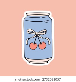 Cherry soda can doodle hand drawn sticker. Vector retro illustration of coke. Y2k blue tattoo