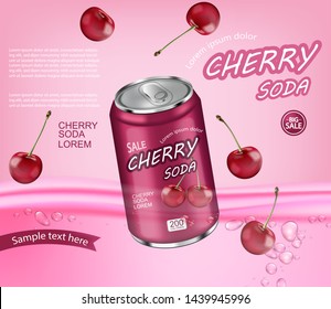 Cherry soda Vector realistic mock up. Product placement aluminium bottles. 3d illustration