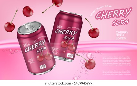 Cherry soda Vector realistic mock up. Product placement aluminium bottles. 3d illustration