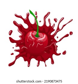 Kirschsplash-Cartoon. Säfte, rote Flüssigkeit, Süßwasserbeere, Cocktail-Kirschen-Splash, Vektorgrafik