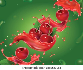 Cherry splashing juice. Fresh berry fruit in red splash, beverage advertising 3d vector icon.