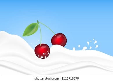 Cherry splashing in milk on a blue background. Fruit and yogurt. Realistic Vector illustration. 