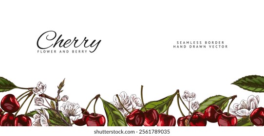 Cherry sprig with red berries, leaves and flowers sketch. Hand drawn fresh ripe fruit. Vector seamless border design with lettering. Garden food blossom plant, juicy dessert, farm harvest