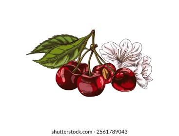 Cherry sprig with red berries, leaves and flowers sketch. Hand drawn fresh ripe fruit. Summer garden food blossom plant, juicy dessert, farm harvest. Vector floral color illustration isolated